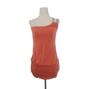 VTG Y2K One Shoulder Chain Ruched Top Size S Orange Club Disco Festival Mcbling